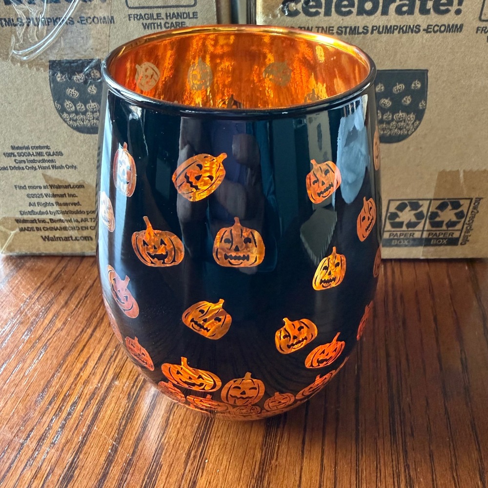 Way to Celebrate NEW Halloween Stemless Wine Glass Jack-O-Lantern set of 2